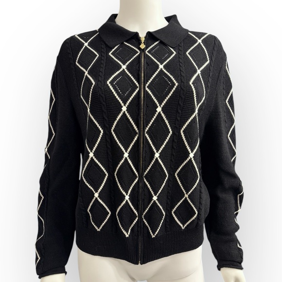 St. John Sweaters - ST. JOHN SPORT Diamond-Plaid Knit Cardigan Sweater, Size Large, Black/White